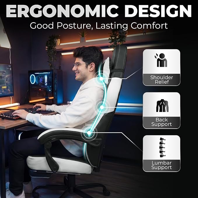 N-GEN GAMING Gaming Chair Big and Tall Computer Heavy Duty Office Desk Chair with Footrest Ergonomic Lumbar Support High Back Recliner for Adults (White)