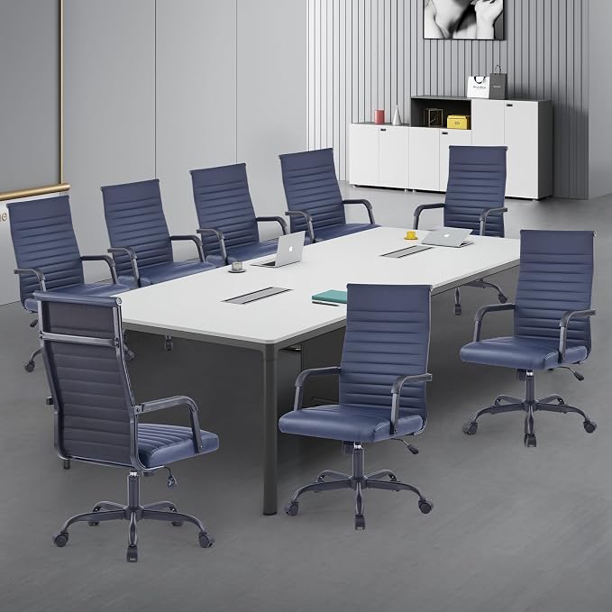 Office Chair, Ergonomic Executive Conference Room Chairs, Ribbed Leather Desk Chair with Lumbar Support, Adjustable Height Mid-Back Swivel Chair with Padded Seat and Square Tube Armrests