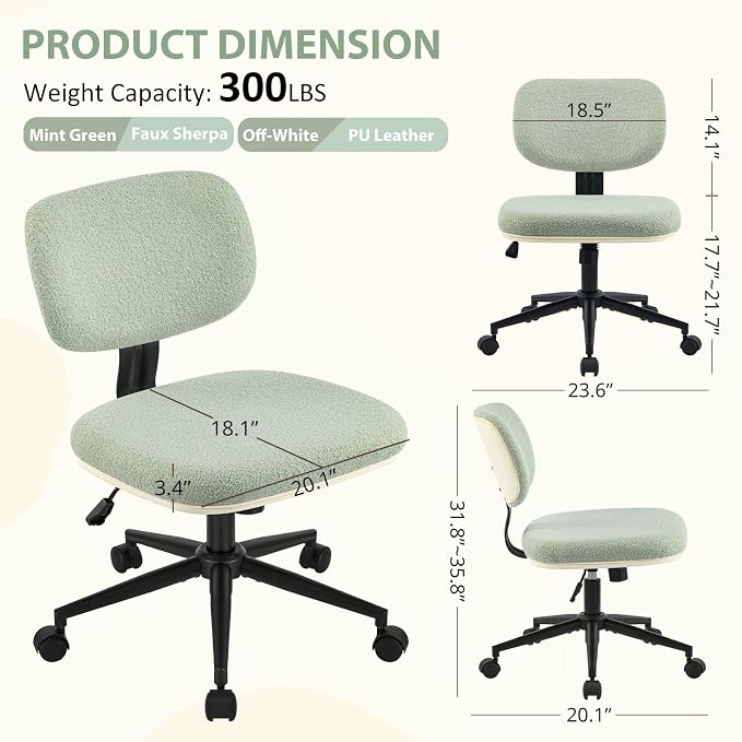 Armless 20" Wide Office Desk Chair, Comfy Desk Chair with Wheels Adjustable Height Swivel Rolling Chairs for Small Space Home Office Bedroom Study Vanity, Sherpa Mint-Green/PU
