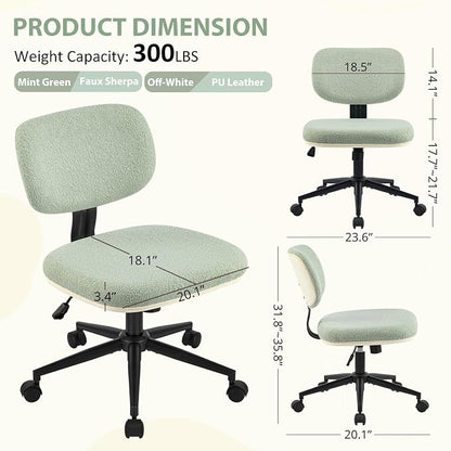 Armless 20" Wide Office Desk Chair, Comfy Desk Chair with Wheels Adjustable Height Swivel Rolling Chairs for Small Space Home Office Bedroom Study Vanity, Sherpa Mint-Green/PU