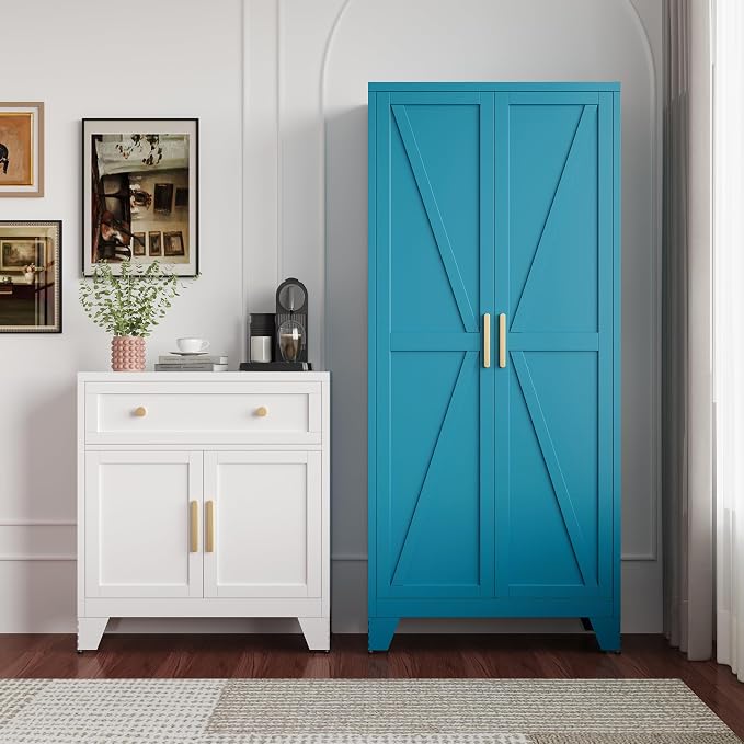 QINPTWUT 71" Metal Storage Cabinet with Doors and Shelves, Tall Pantry Cabinet in Blue with 2 Doors & 4 Adjustable Shelves, All-Steel Farmhouse Cupboard for Kitchen, Living Room,Home Office,Garage