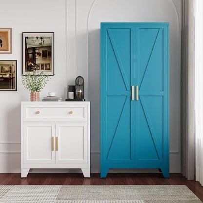 QINPTWUT 71" Metal Storage Cabinet with Doors and Shelves, Tall Pantry Cabinet in Blue with 2 Doors & 4 Adjustable Shelves, All-Steel Farmhouse Cupboard for Kitchen, Living Room,Home Office,Garage