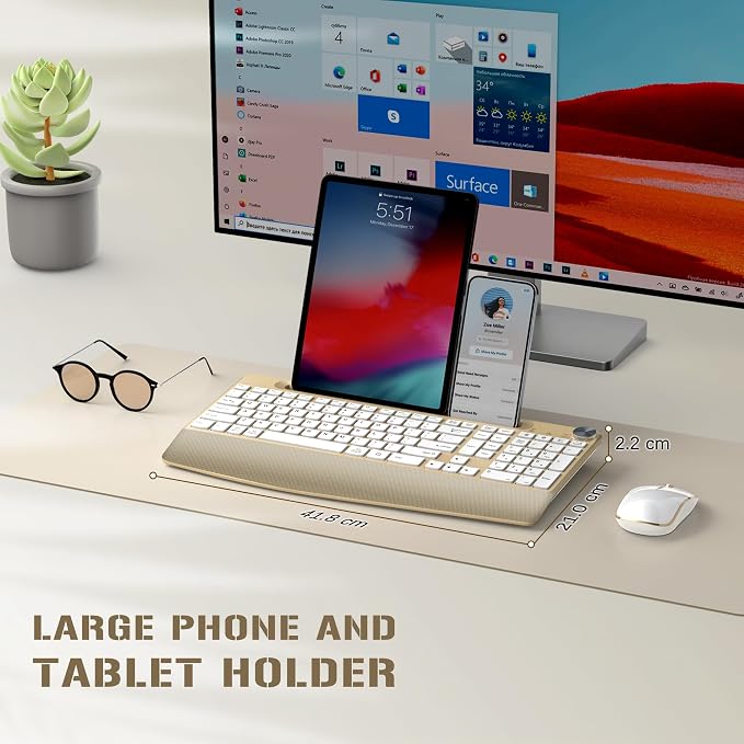 JOYACCESS Ergonomic Wireless Keyboard and Mouse Combo, Full-Sized Keyboard with Wrist Rest and Tablet Holder, Volume Roller for Computer PC Laptop-Gold&White