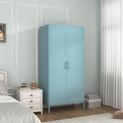 67" Metal Wardrobe Cabinet with Lock,Multi-Functional Locker with Adjustable Shelves and Hanging Rod,2 Door Storage Cabinet for Home, Bedroom,Cloak Room, Office Blue