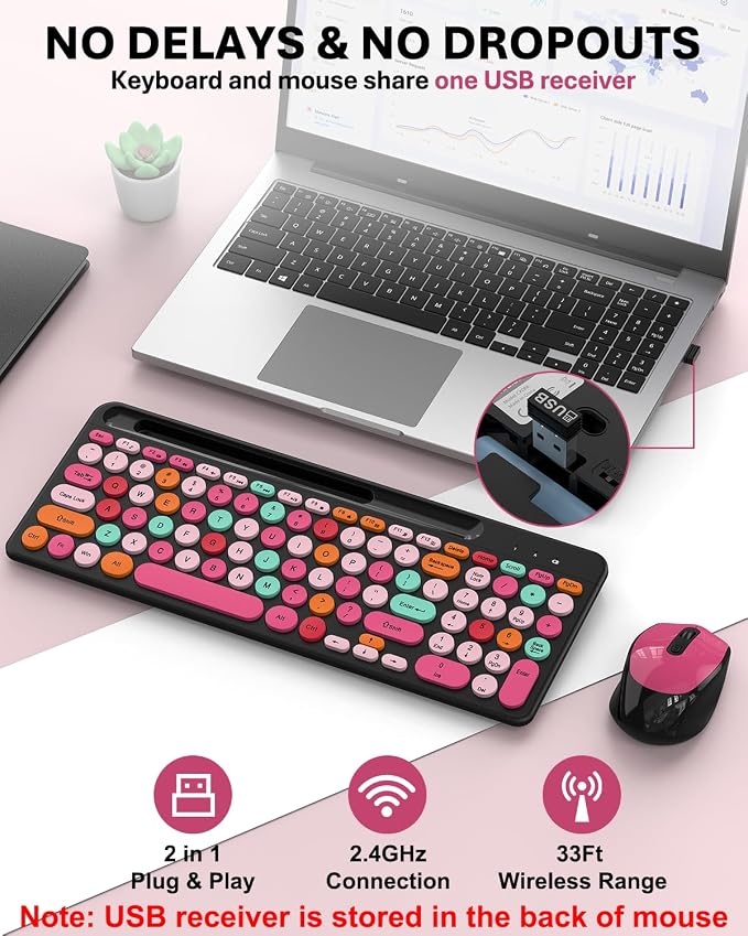 Colorful Wireless Keyboard and Mouse Combo - Round Keycaps, 2.4GHz Retro Typewriter Keyboard with Number Pad, Cute Compact USB Keyboard and Mouse for Computer PC Desktop Laptop (Pink & Black Colorful)