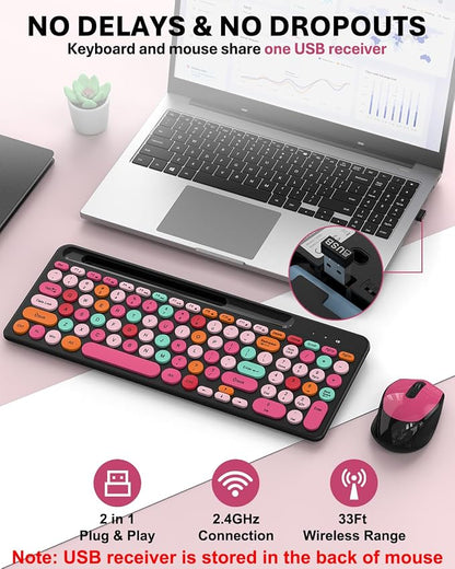 Colorful Wireless Keyboard and Mouse Combo - Round Keycaps, 2.4GHz Retro Typewriter Keyboard with Number Pad, Cute Compact USB Keyboard and Mouse for Computer PC Desktop Laptop (Pink & Black Colorful)