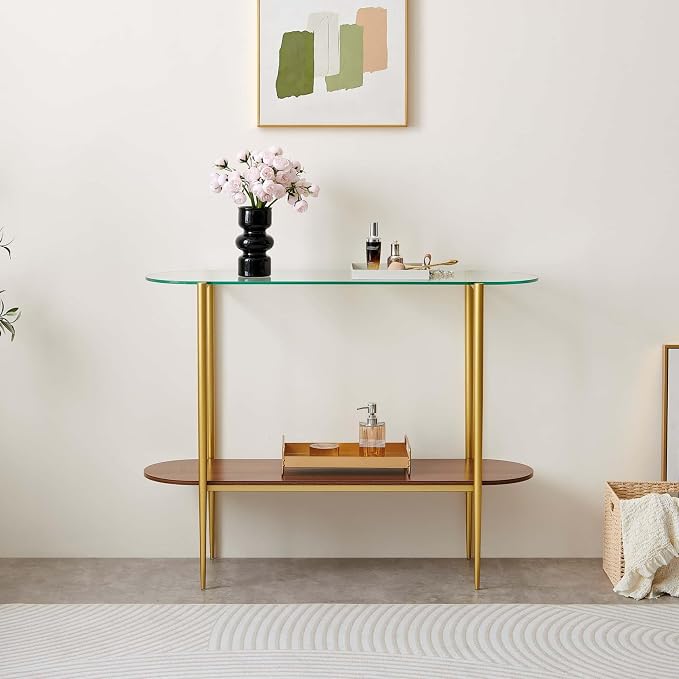 LumFurn Oval Glass Console Table for Living Room, Foyer & Entrance, 2-Tiers Mid-Century Modern Sofa Table with Clear Glass Top, Walnut Finish Wood Shelf and Gold Finish Frame