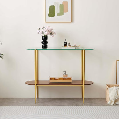 LumFurn Oval Glass Console Table for Living Room, Foyer & Entrance, 2-Tiers Mid-Century Modern Sofa Table with Clear Glass Top, Walnut Finish Wood Shelf and Gold Finish Frame