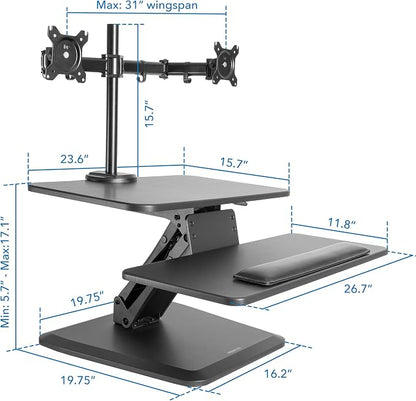 Mount-It! Standing Desk Converter, Stand Up Desk Riser with Dual Monitor Mount, Adjustable Workstation in Black, Top Platform 23" Wide, Keyboard Mouse Tray 27" Wide, Raises 5" to 17" Tall