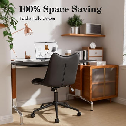 Armless Office Chair, Swivel Rolling Leather Desk Chair, Brown | Waterproof Upholstery, Padded Seat, 15° Relaxing Tilt, 330 LBS Capacity, for Bedroom Vanity and Computer Work