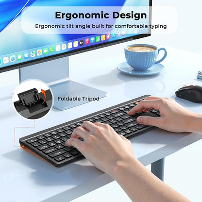 MEETION Bluetooth Keyboard and Mouse, 2.4G + Dual Bluetooth Multi Device, Full Size Silent Ergonomic Keyboard with 4 Level DPI Adjustable Wireless Mouse for Windows, Mac OS Desktop/Laptop/PC, Black
