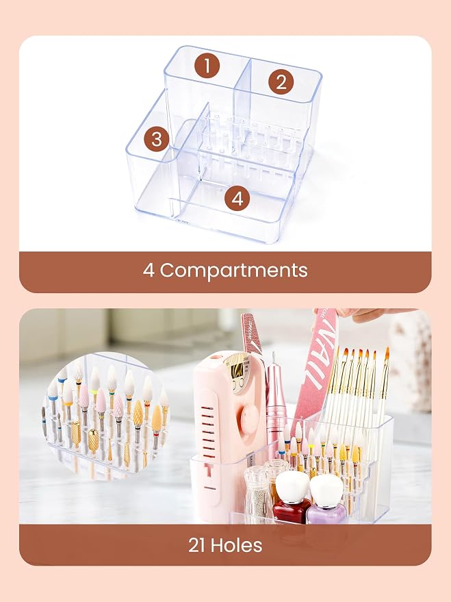LIARTY Nail Drill Holder Tech - Acrylic Nail Drill Machine Organizer Tools | Professional Small Mini Portable 21 Holes Bits Organizer Storage Box