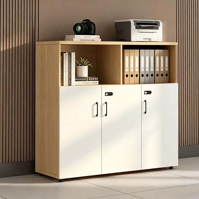 File Cabinet with Password Lock, Wood Lateral Filing Cabinet for Letter/A4 Files, 3 Drawer with Door, Printer Stand with Open Shelves for Home Office