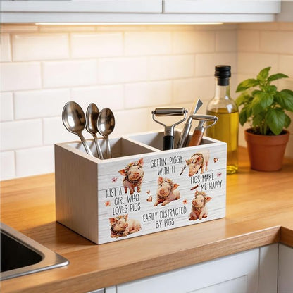 Funny Rustic Floral Pig Pen Holder for Desk, Pig Lover Gifts for Women Wooden Box Sign Desk Decor for Home Office Decoration, Rustic Farmhouse Animal Pencil Organizer