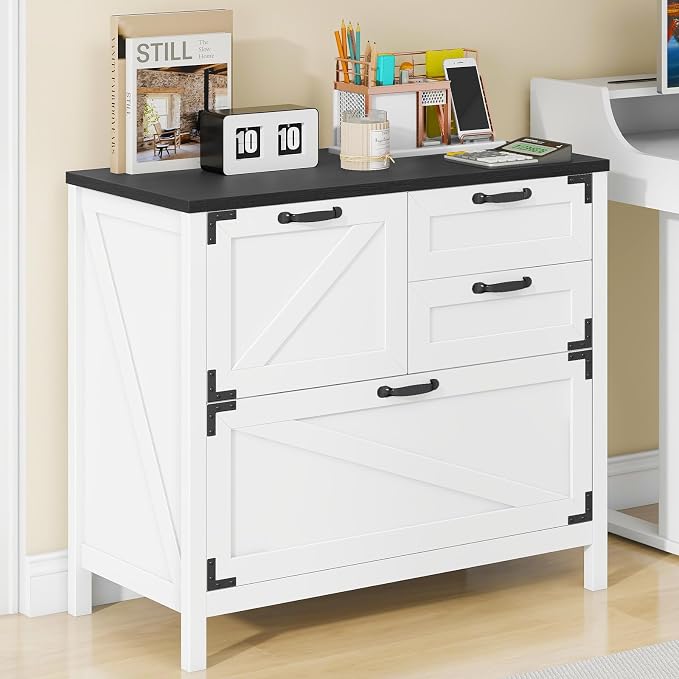Halitaa Lateral File Cabinet with 4 Drawers Farmhouse File Cabinet for Letter/Legal/A4 Size Hanging Files, Large Wood File Storage Cabinets Printer Stand for Home Office Cabinet, White and Black