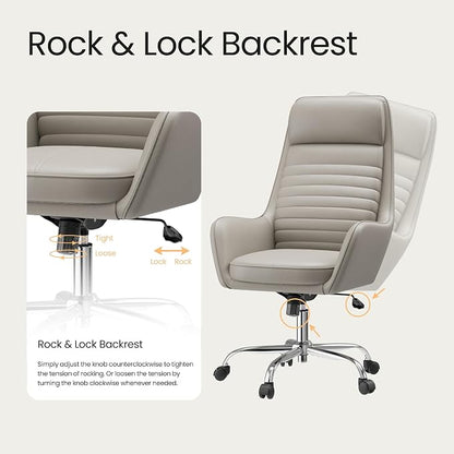 COLAMY Ellis High-Back Home Office Desk Chair, Leather Executive Chair with Integrated Armrests, Khaki