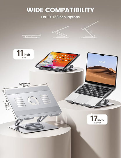 Lamicall Adjustable Laptop Stand for Desk - 360° Rotating Base Ergonomic Computer Stand, Aluminum Laptop Riser Foldable Protable for Office Home fits MacBook Neo Air Pro, Dell, HP (10-17.3'') -Sliver