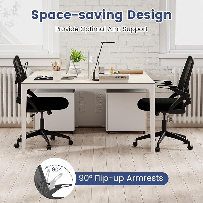 COSTWAY Office Chair, Comfy Swivel Rolling Desk Chair with Adjustable Height & Flip-Up Armrests, Ergonomic Mesh Computer Chairs with Lumbar Support for Working & Gaming (Black)