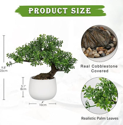 Fake Bonsai Tree Zen Juniper Bonsai Plant 9” Tall Artificial Bonsai Trees with White Ceramic Pot Decorated with Pebbles Desk Plant Indoor Bonsai for Home Office Decor