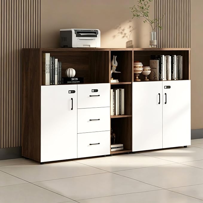 File Cabinet with Password Lock, Wood Lateral Filing Cabinet for Letter/A4 Files, 3 Drawer with Door, Printer Stand with Open Shelves for Home Office