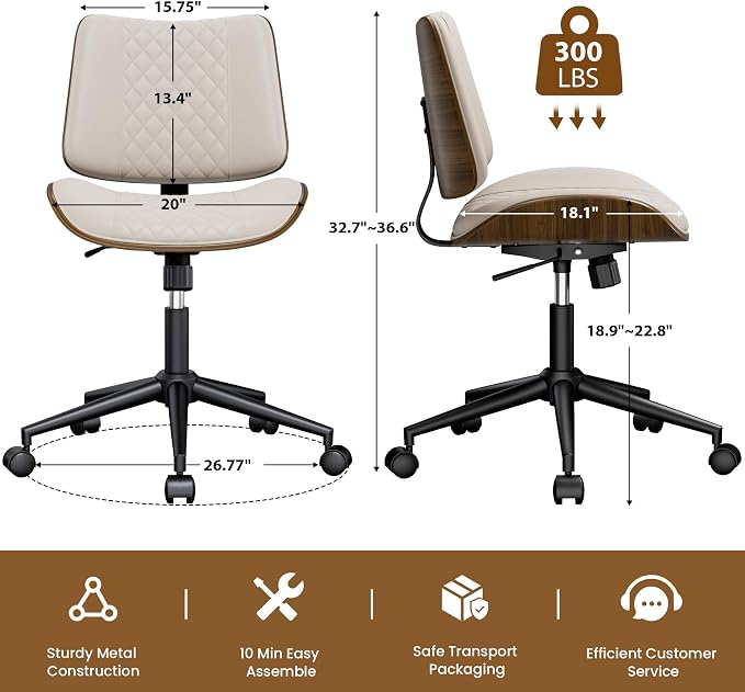 REONEY Home Armless Office Chair, Modern Walnut Desk Chair with Wheels, Adjustable Swivel Rolling Task Chair with Curved Back for Reading,Meeting Room,Beige