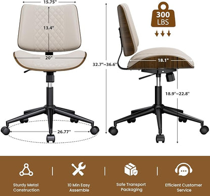 REONEY Home Armless Office Chair, Modern Walnut Desk Chair with Wheels, Adjustable Swivel Rolling Task Chair with Curved Back for Reading,Meeting Room,Beige