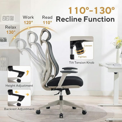Nouhaus Apertura Ergonomic Office Chair, Home Office Desk Chairs w/Adjustable Lumbar Support & Headrest, Dynamic Back Support, 3D Armrests, High Back Mesh Comfy Computer Chair for Long Hours (Grey)