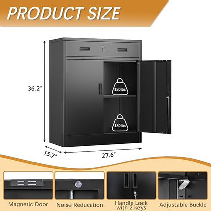 36" H Metal Cabinet, Garage Storage Cabinet, Locking Storage Cabinet, Metal Cabinets with Doors and Shelves for Home, School, Office, Garage, Black