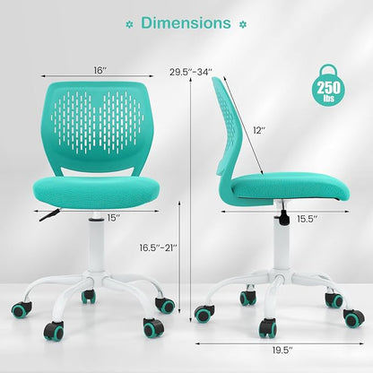 Giantex Kids Desk Chair, Armless Mesh Children Study Seat, Swivel Teen Desk Computer Chair with Adjustable Height & Lumbar Support, Turquoise