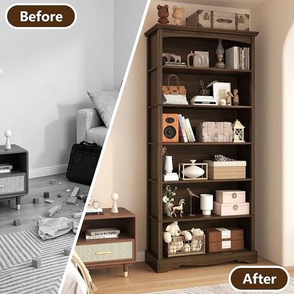 TVU 6-Tier Wooden Bookshelf, 76 Inch Tall Bookshelf with Storage, Floor Standing Modern Style Display Bookcase for Living Room, Office, Study Room, Entryway, Brown