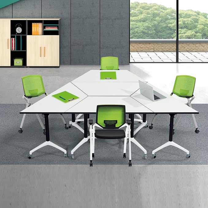 Trapezoidal Folding Conference Table,Freely Splicing Modular Training Seminar Tables,Mobile Conference Room Tables with Wheels,Modern Flip Top Conference Meeting Table Foldable Tables for Office(6)