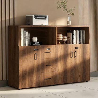 File Cabinet with Password Lock, Wood Lateral Filing Cabinet for Letter/A4 Files, 3 Drawer with Door, Printer Stand with Open Shelves for Home Office