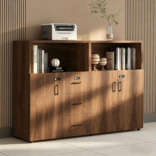 File Cabinet with Password Lock, Wood Lateral Filing Cabinet for Letter/A4 Files, 3 Drawer with Door, Printer Stand with Open Shelves for Home Office