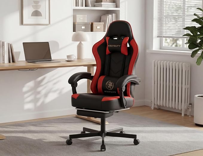 Office Desk Computer Gaming Chair for Adults, Ergonomic High Back Gamer Chair with Massage and Pocket Spring Cushion, Swivel Comfy Video Game Chairs with Footrest and Lumbar Support (Black Red)