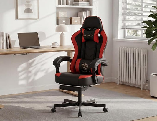 Office Desk Computer Gaming Chair for Adults, Ergonomic High Back Gamer Chair with Massage and Pocket Spring Cushion, Swivel Comfy Video Game Chairs with Footrest and Lumbar Support (Black Red)