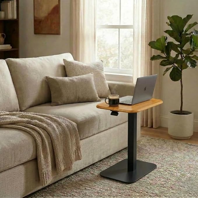 Elevance Height Adjustable Side Table, Black Base, Golden Maple Top | Sofa Laptop Table for Couch & Bed | Small C-Shape End Table for Home or Office