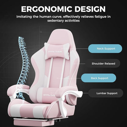 GTPLAYER Gaming Chair with Footrest, Computer Chair with and Lumbar Support, Height Adjustable Game Chair with 360°-Swivel Seat and Headrest and for Office or Gaming (Pink-Fabric)
