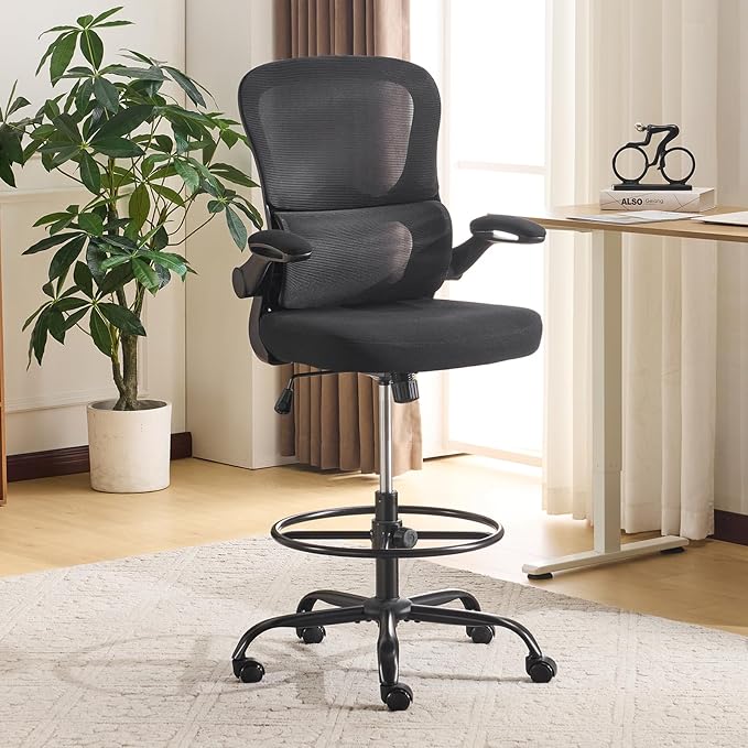 Karl home Ergonomic Drafting Chair, Black | Lumbar Support, Flip-Up Armrests, Adjustable Height Footrest Ring, Breathable Mesh, Tall Swivel