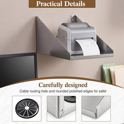 Hicarer 8" x 6" x 5" Wall Mounted Printer Shelf, Compact Stainless Steel Receipt Printer Stand for Coffee Shop, Bar, Small Checkout Counter & Tight Workspace, with Wire Routing Hole