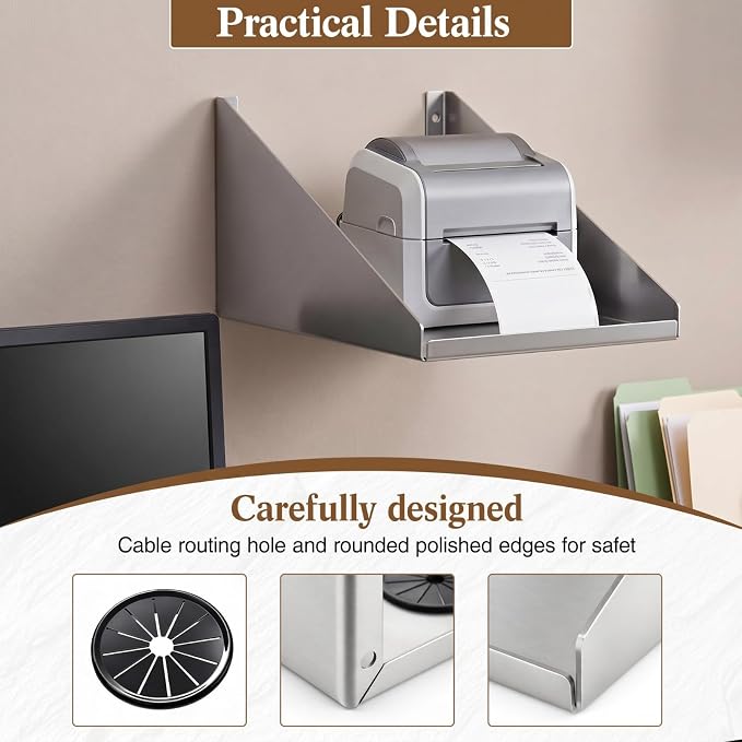 Hicarer Wall Mounted Stainless Steel Printer Shelf 12" x 9"x 6" Restaurant Ticket Printer Shelf 304 Stainless Steel 50 lb Capacity 16 Gauge, Silver