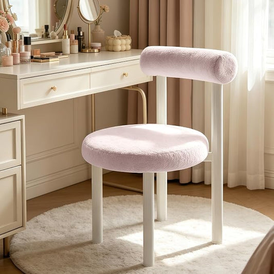 Cute Small Armless Desk Chair, Ergonomic Comfy Vanity Chairs Lumbar Support with Back for Makeup, Teddy Fabric Computer Desk Chair for Home, Bedroom, Vanity, Teens, Adults