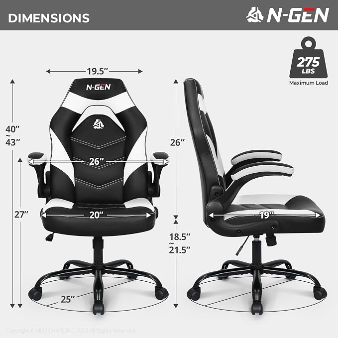 N-GEN Video Gaming Chair Ergonomic Computer Desk Office Chair with Lumbar Support Adjustable Height Swivel Wheels Flip-Up Arms PU Leather Home and Office (White)