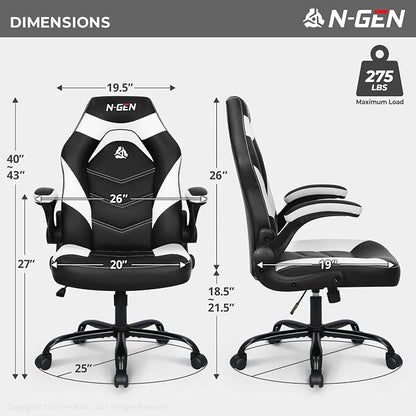 N-GEN Video Gaming Chair Ergonomic Computer Desk Office Chair with Lumbar Support Adjustable Height Swivel Wheels Flip-Up Arms PU Leather Home and Office (White)