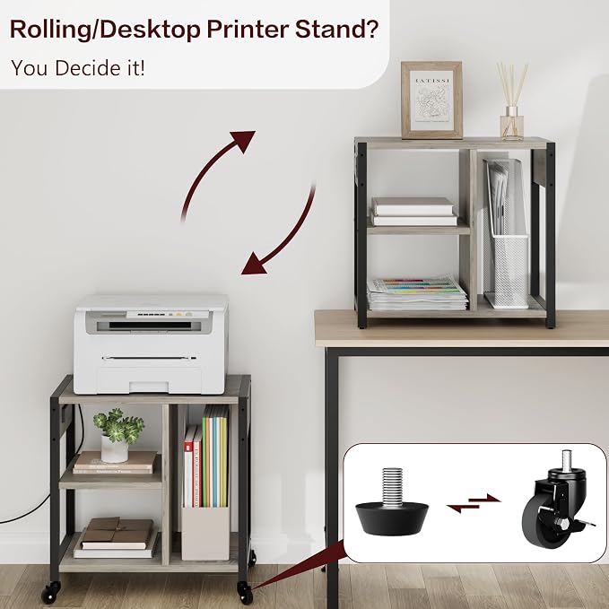 IDEALHOUSE Under Desk Printer Stand with Power Outlets and USB Charging Ports, Desktop Printer Table with Storage Shelf, 4 Tier Mobile Printer Stand with Wheels for Home Office, Rustic Gray