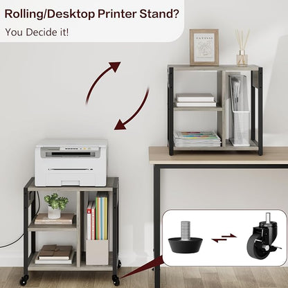 IDEALHOUSE Under Desk Printer Stand with Power Outlets and USB Charging Ports, Desktop Printer Table with Storage Shelf, 4 Tier Mobile Printer Stand with Wheels for Home Office, Rustic Gray