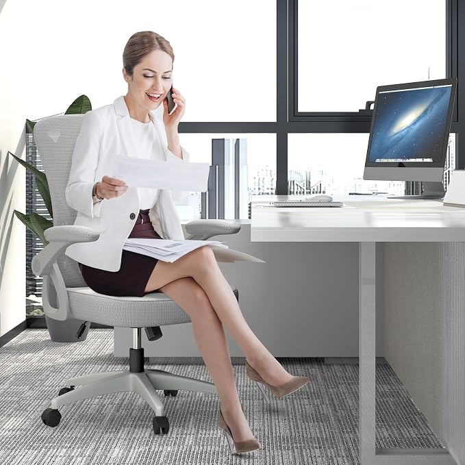 naspaluro Ergonomic Office Chair, Mid Back Desk Chairs with Adjustable Height, Swivel Chair with Flip-Up Arms and Lumbar Support, Breathable Mesh Computer Chair for Home/Study/Working, Grey