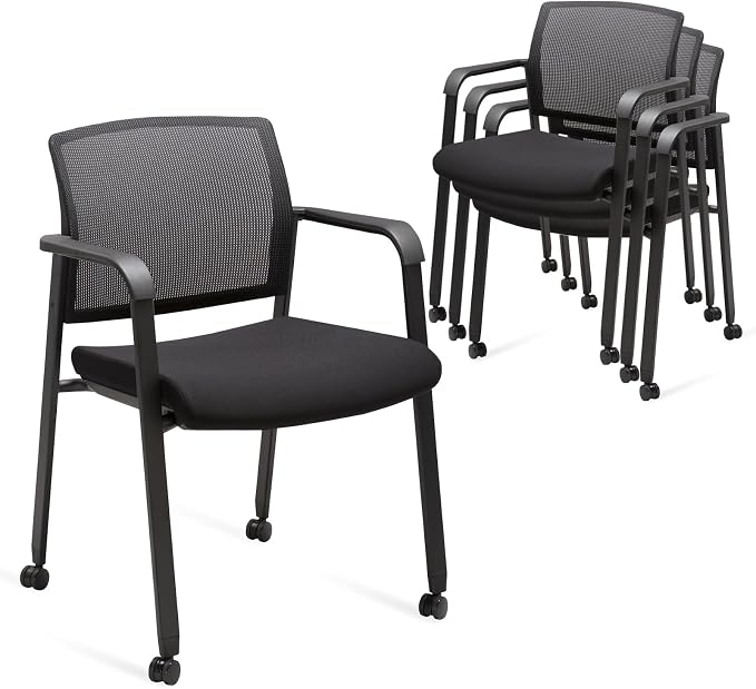 CLATINA 4PK Stacking Conference Room Chair with Wheels, Mesh Back and Ergonomic Lumbar Support for Meeting, Lobby, Reception, Training Room Home Office School Church Black