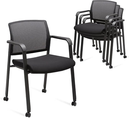 CLATINA 4PK Stacking Conference Room Chair with Wheels, Mesh Back and Ergonomic Lumbar Support for Meeting, Lobby, Reception, Training Room Home Office School Church Black