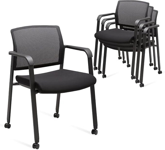 CLATINA 4PK Stacking Conference Room Chair with Wheels, Mesh Back and Ergonomic Lumbar Support for Meeting, Lobby, Reception, Training Room Home Office School Church Black