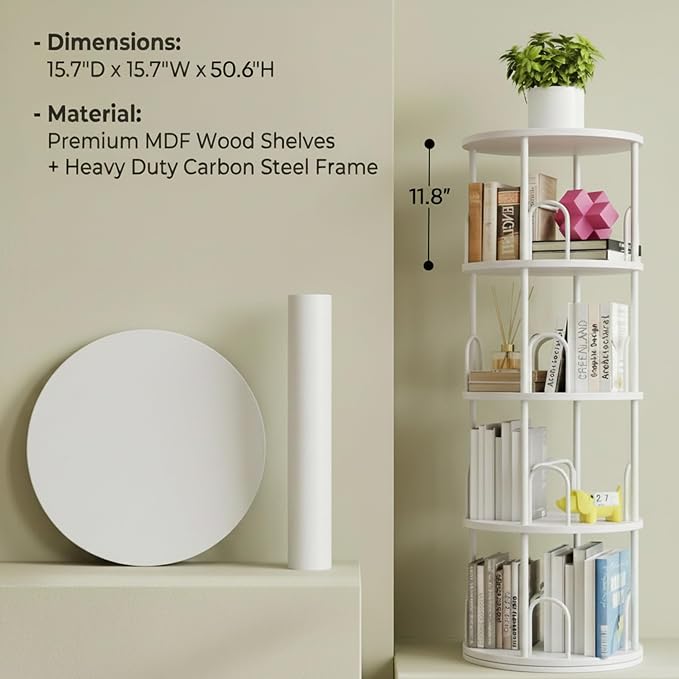4 Tier White Rotating Kids Bookshelf Tower, Small Narrow Corner Book Shelf For Childrens, Toddler, Nursery Bookcase For Toy, Dispaly white shelves For Bedroom Living Room Office Kitchen Shelf Tower